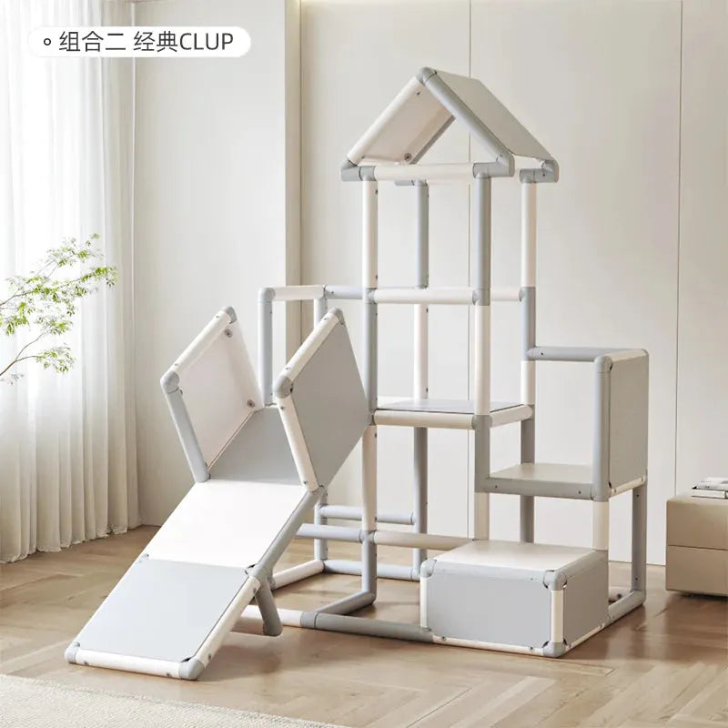 The Indoor Climbing Adventure Set for Kids, a multifunctional sensory play structure with a slide and swing, is placed in a spacious, light-filled room with a plant and wooden floor, ideal for sensory integration training.