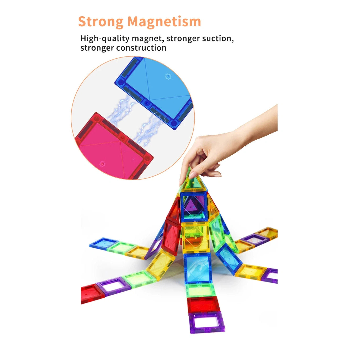 A hand places a magnetic tile on a colorful pyramid of the Creative Magnetic Building Blocks Set for Kids. Above, an inset shows blue and red tiles attracting each other with the text Strong Magnetism: High-quality magnet, stronger suction, stronger construction. Perfect for creative minds!.