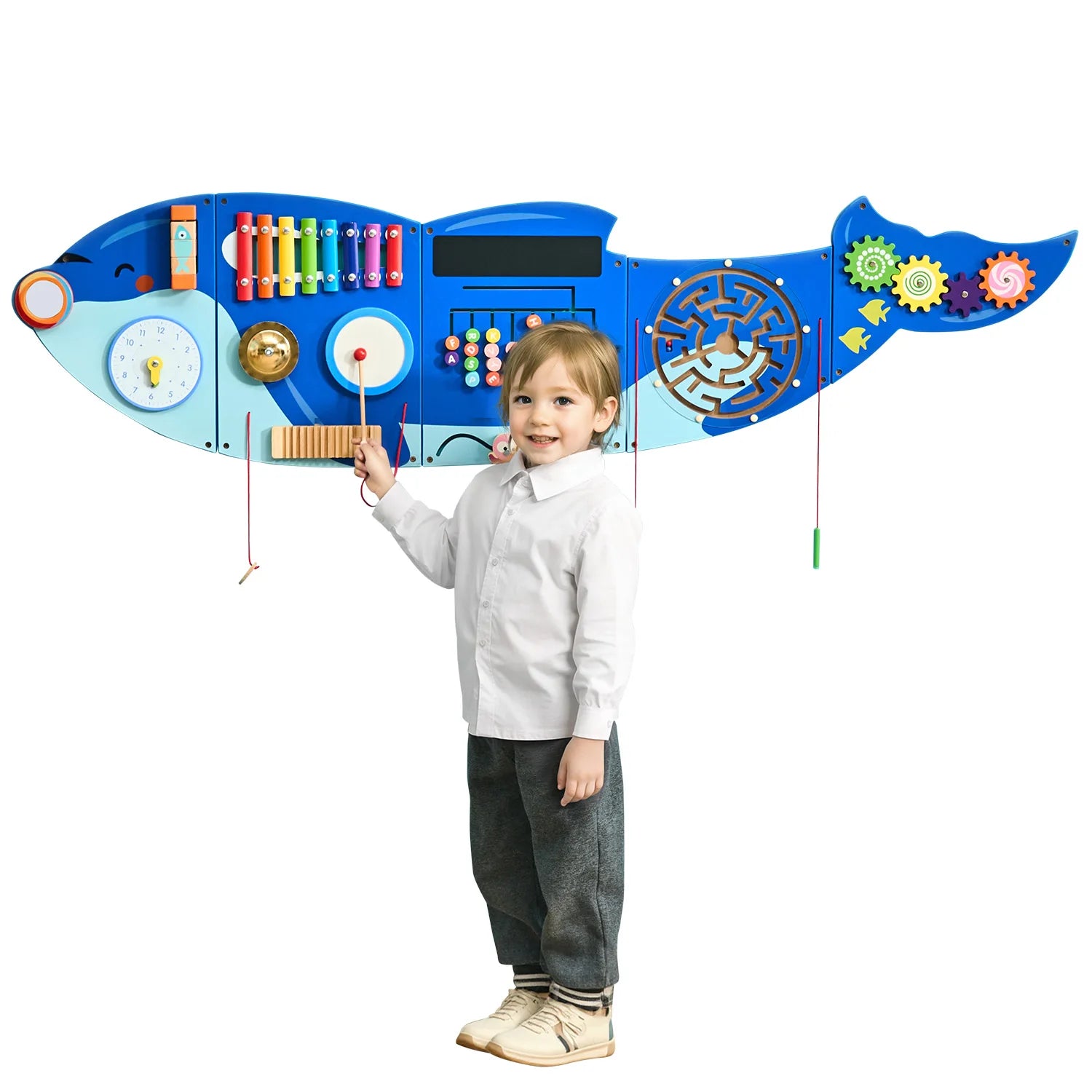 A young child smiles in front of the Vevor Orca Kids Wall Busy Board, a large blue Montessori sensory toy for ages 3–12, featuring gears and 12 colorful interactive activities.