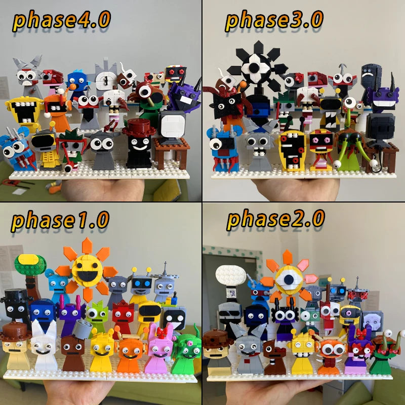A collage of four images displays the New Moc Incredibox Sprunki Building Blocks Set (3134pcs), each phase from 1.0 to 4.0 unveiling more complex and creative horror anime music game brick figures, ideal for birthday or Christmas gifts.