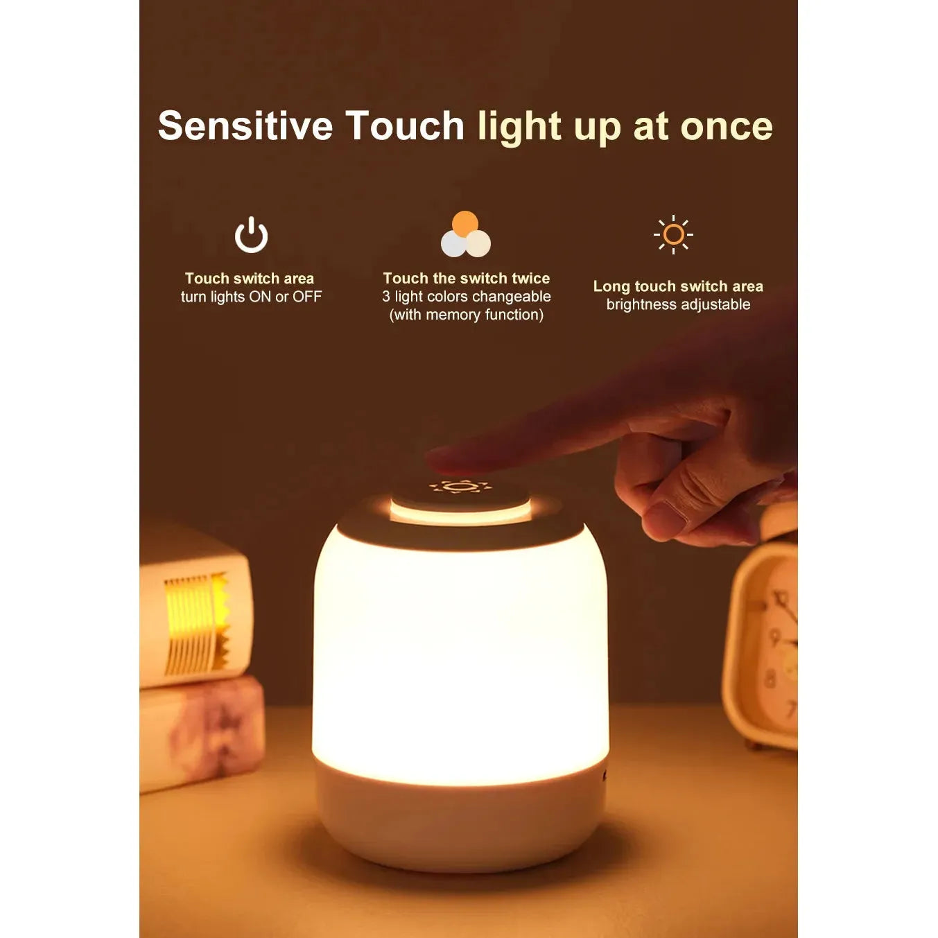 A hand reaches for the Touch Control LED Night Light Lamp, which is on. Text above highlights the USB rechargeable lamps features: on/off function, three color settings, and adjustable brightness with a long touch sensor. A clock is visible in the background.