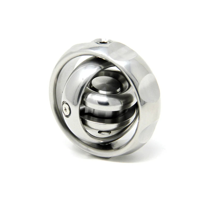 The Stainless Steel Fidget EDC Gyroscope Spinner is a futuristic, metallic stress relief toy. Its crafted from stainless steel with a spherical design, featuring an outer ring, inner rotating components, visible screws, and grooves, resembling a high-tech fidget spinner.
