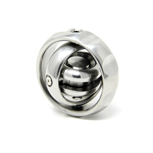 The Stainless Steel Fidget EDC Gyroscope Spinner is a futuristic, metallic stress relief toy. Its crafted from stainless steel with a spherical design, featuring an outer ring, inner rotating components, visible screws, and grooves, resembling a high-tech fidget spinner.