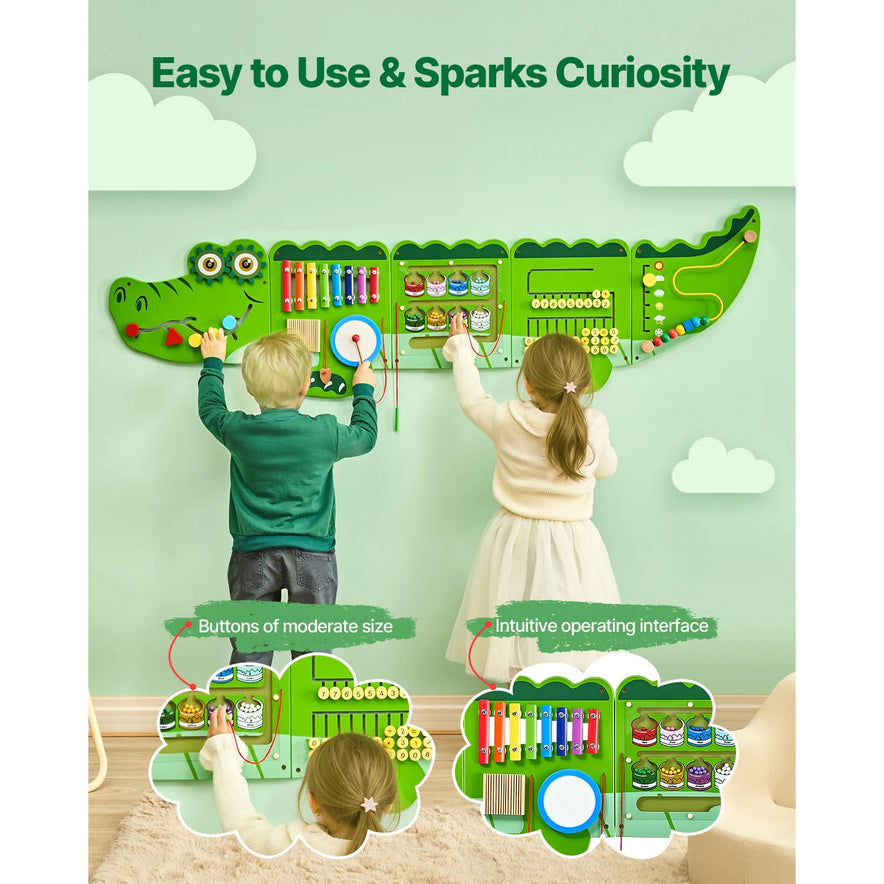 Two children play with the Vevor 9 Activities Crocodile Busy Hanging Board Toy, a wall-mounted green panel featuring buttons, gears, and colorful objects. Ideal for Montessori early learning and fine motor skills. Insets highlight close-up details of this engaging toy.