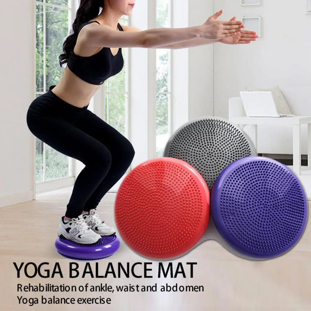 A person performs a squat on a purple Non-Slip Balance Training Mat with Air Cushion Disc, enhancing core strength. The mats come in red, gray, and purple and are ideal for rehabilitation exercises targeting the ankle, waist, and abdomen.