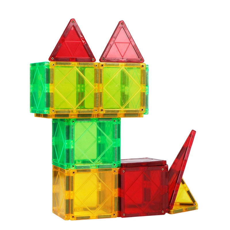 Built from Magplayer Magnetic Construction Blocks for Kids, this vibrant structure forms a small animal with a body, legs, and pointed ears in red, yellow, and green hues. An ideal STEM tool to inspire creative constructions.