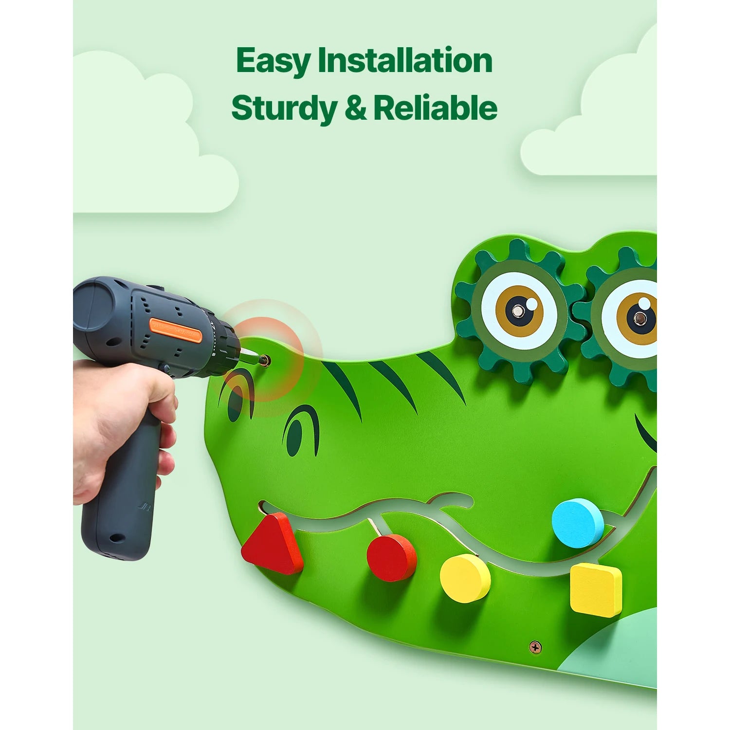 A hand installs the Vevor 9 Activities Crocodile Kids Busy Hanging Board Toy, featuring gears and colorful shapes for fine motor development. Text above reads, “Easy Installation Sturdy & Reliable.”.