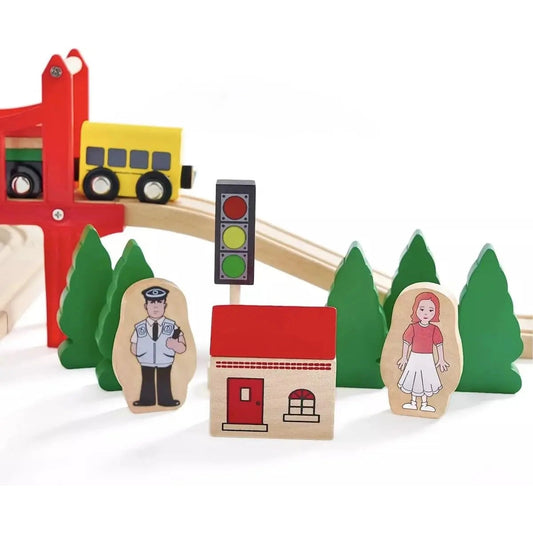 Create fun stories with the Wooden Train Set—39 pieces including tracks, trees, a house, school bus, traffic light, and wooden figures. Compatible with Thomas, Brio, IKEA, and Melissa & Doug. Perfect no-battery toy for kids ages 7-12.