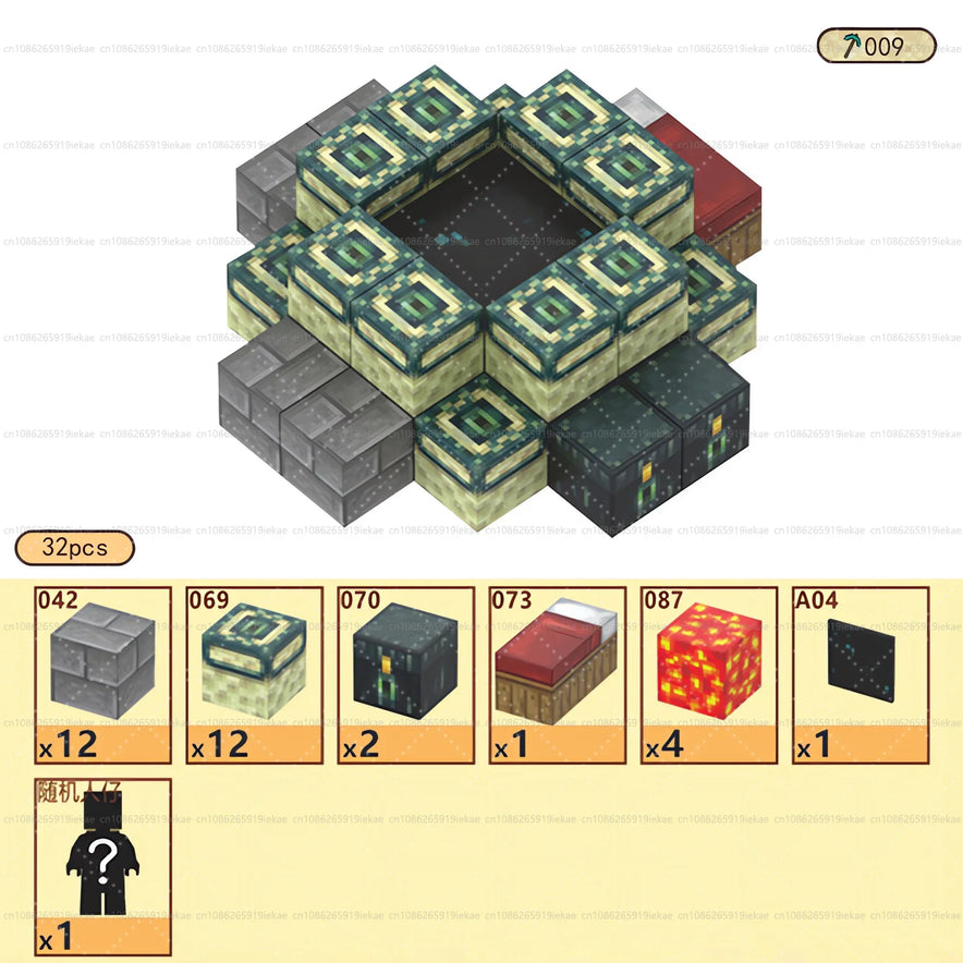 A digital screen displays the Magnetic Building Blocks Mine World Magnet Cube Set (T009-32PCS) for kids, arranged Minecraft-style with 32 pieces including End Portal frames and Ender chests, plus icons showing each blocks quantity.