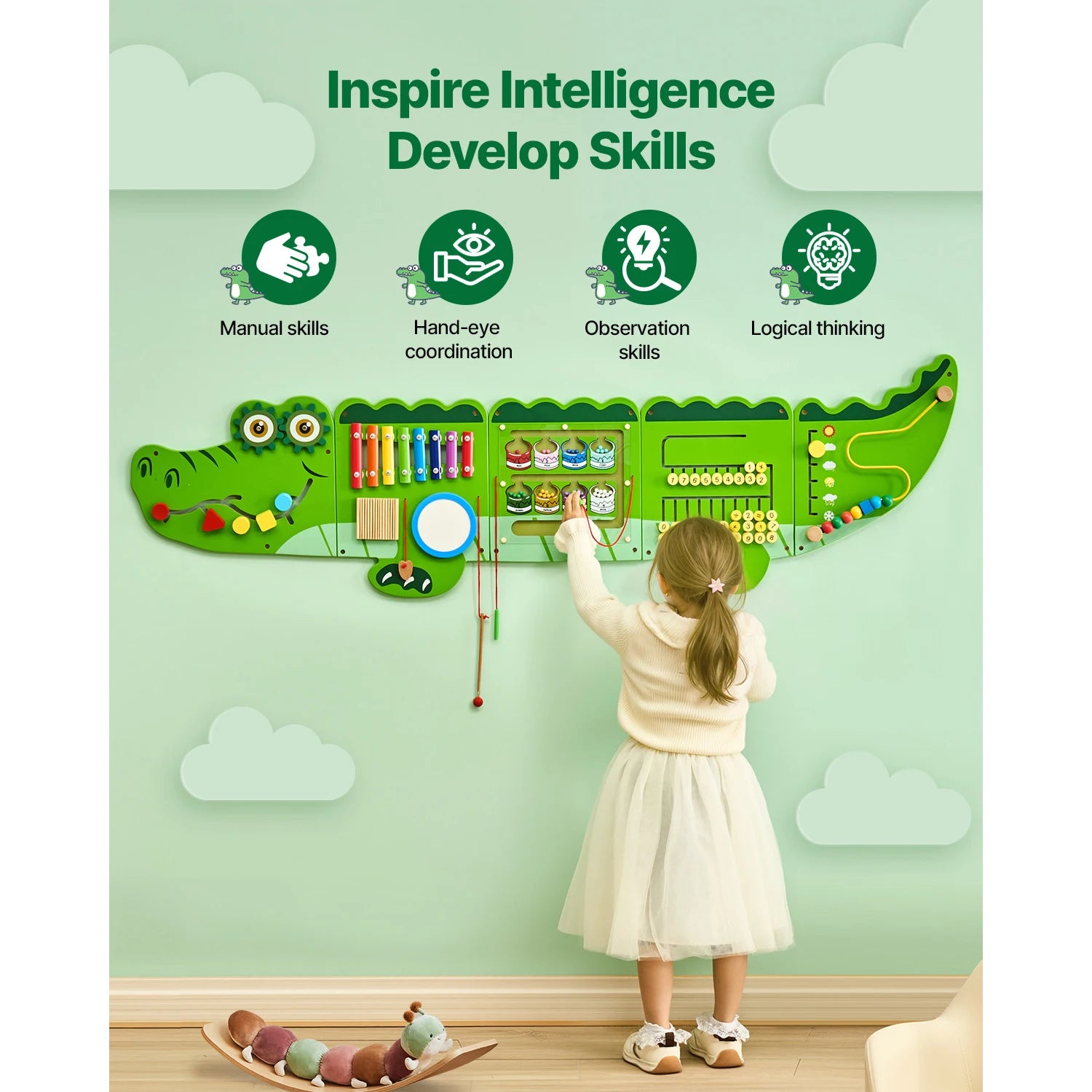 A child in a white dress plays with the Vevor 9 Activities Crocodile Kids Busy Hanging Board Toy, a Montessori early learning puzzle that inspires intelligence and develops manual skills, hand-eye coordination, observation, and logical thinking.