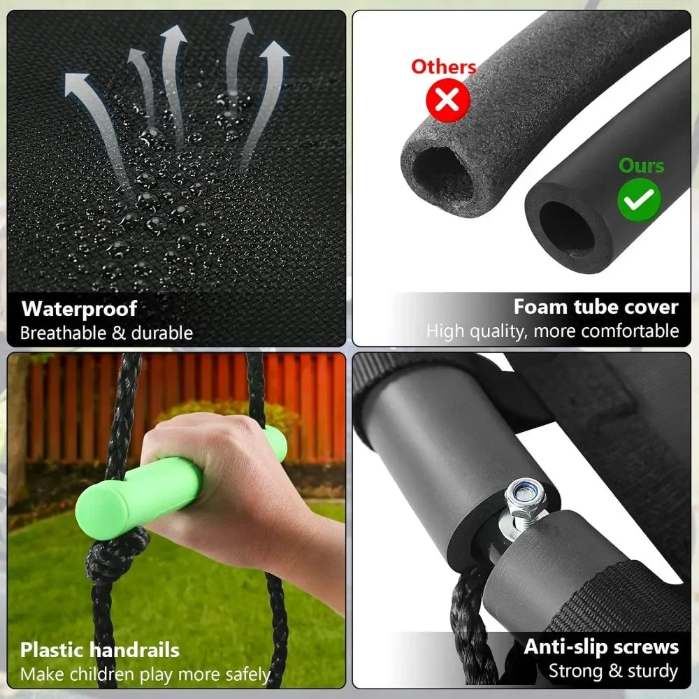 Four panels showcase our Tree Swing with PP Mat: waterproof fabric, two types of foam tube covers, a sturdy plastic handrail, and anti-slip screws securing the black rope to the 40-inch green saucer seat.