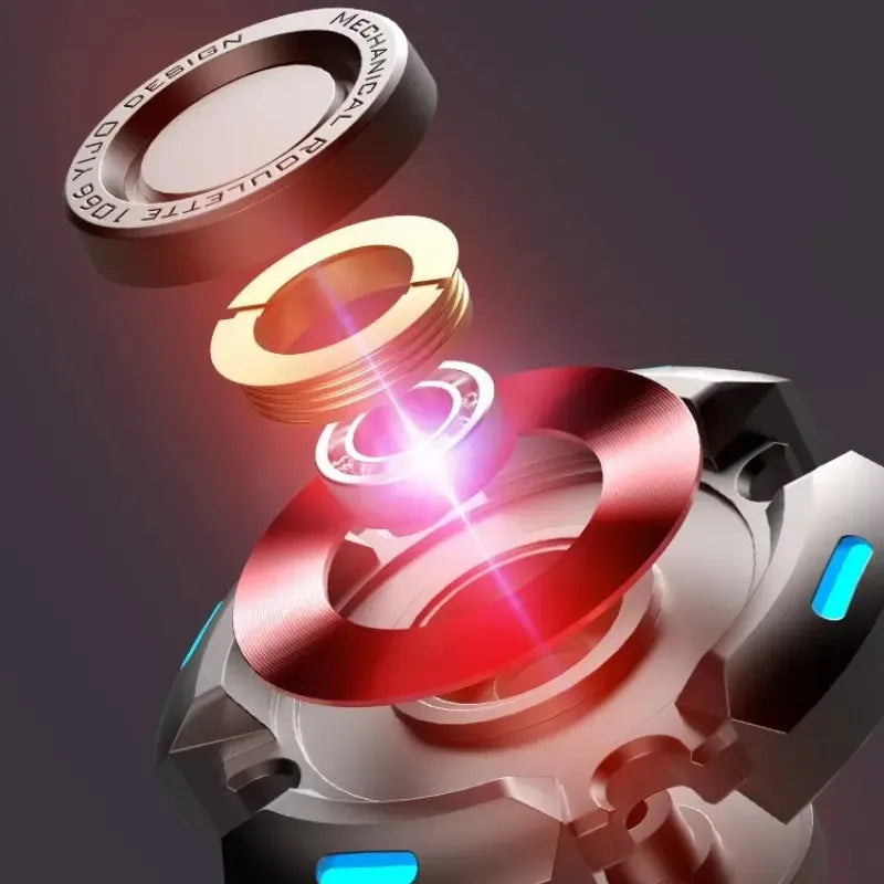 A digital rendering of Fidget Spinners for Adults and Kids Stress Relief Anxiety ADHD Toy Metal EDC Hand Spinner with Luminous Light shows rings, coils, and discs floating above a metal base, linked by a red light beam for calming focus.