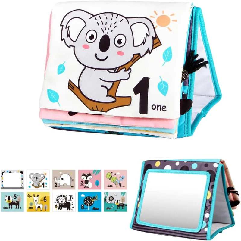The Crinkle Cloth Book promotes sensory exploration with a foldable design, mirror, and charming animal illustrations like a koala with 1 and one. Separate panels feature various animal prints and numbers for visual stimulation, aiding brain development in newborns aged 0-3 months.
