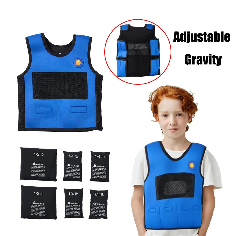 A child smiles in a breathable adjustable weight vest for kids in blue and black. The vest includes small 1/4 lb weight bags with Adjustable Gravity text, highlighting its design as an emotional comfort and stress relief tool for boys and girls.