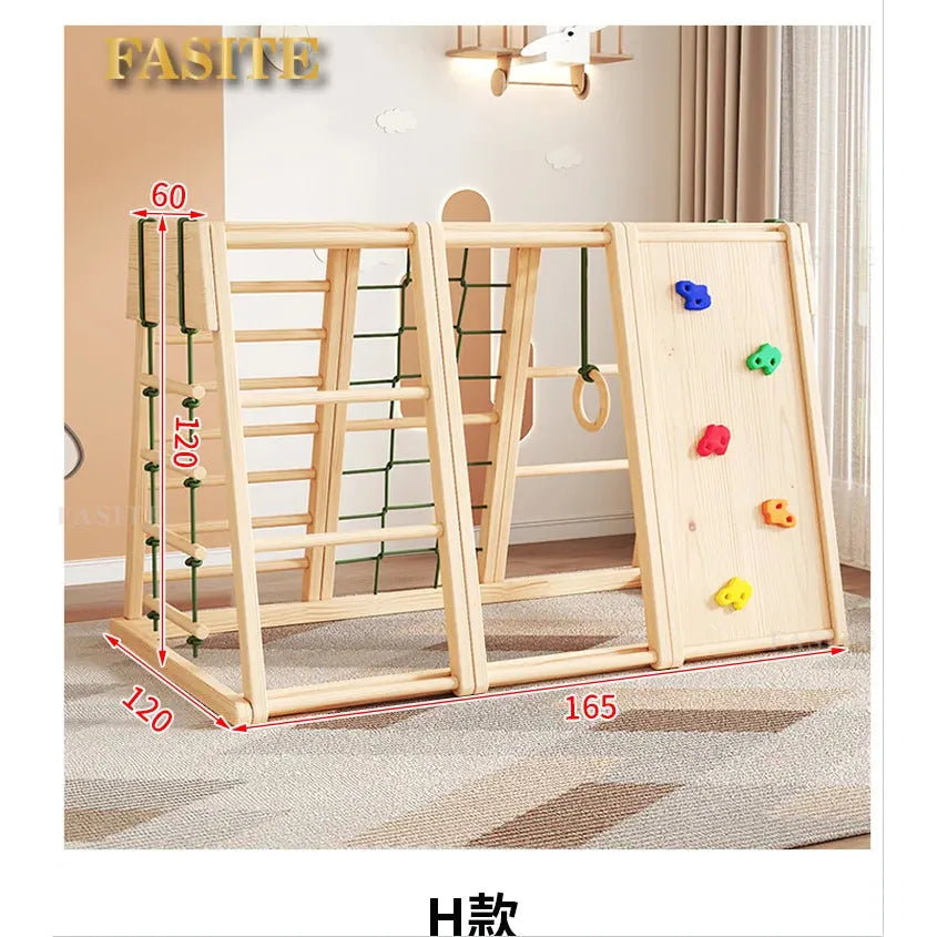 The Versatile Solid Wood Indoor Climbing Frame with Slide and Swing promotes kids’ sensory development, featuring a climbing net, gymnastic rings, and a small climbing wall. It sits on a beige rug amidst neutral-colored walls and curtains. Dimensions for different sections are provided.