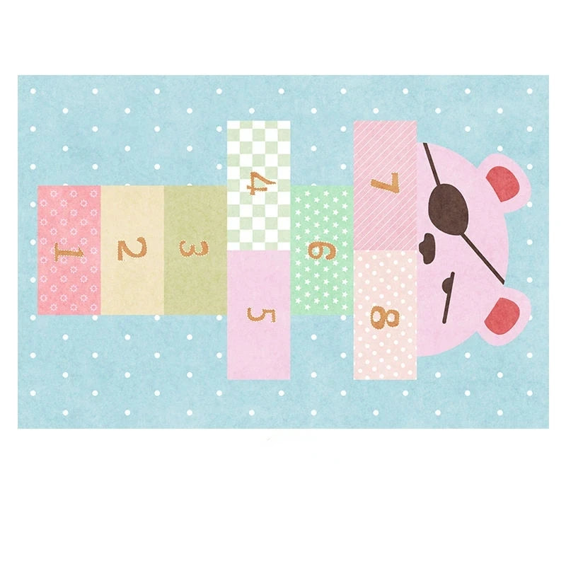 The Childrens Play Hopscotch Carpet features numbered squares 1-8 in a pastel geometric pattern on a blue polka dot background with a pink bear face, perfect as an anti-slip large rug for living room or kids rooms.