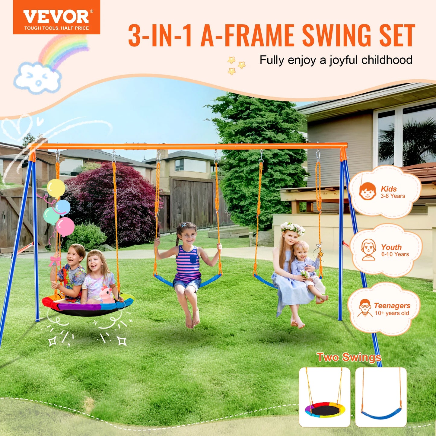 A Backyard Adventure Swing Set with Saucer and Belt Swings for Kids stands on a lawn, featuring two swings bustling with children. It suits ages 3 to 4, youth 6 to 10, and teenagers over 10. The backdrop reveals a house under a cartoon rainbow and cloud in the sky.