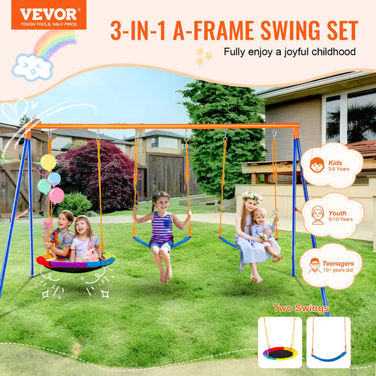 A Backyard Adventure Swing Set with Saucer and Belt Swings for Kids stands on a lawn, featuring two swings bustling with children. It suits ages 3 to 4, youth 6 to 10, and teenagers over 10. The backdrop reveals a house under a cartoon rainbow and cloud in the sky.