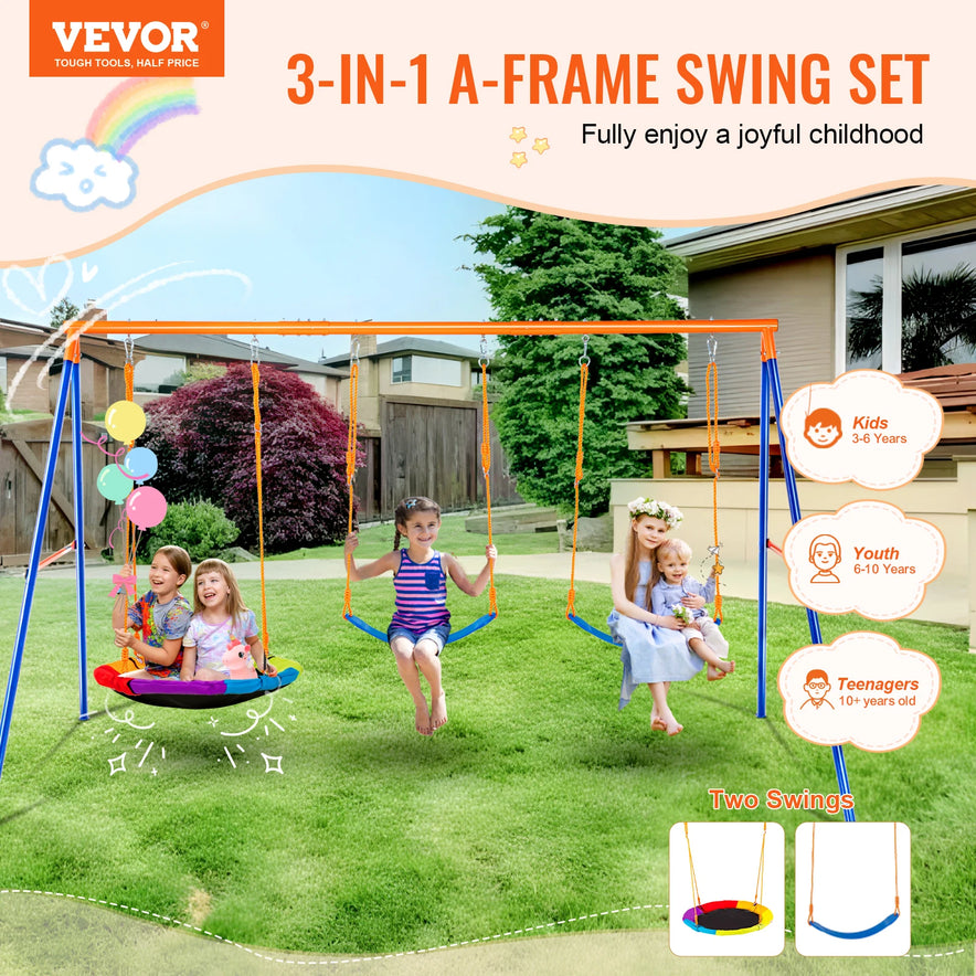 A Backyard Adventure Swing Set with Saucer and Belt Swings for Kids stands on a lawn, featuring two swings bustling with children. It suits ages 3 to 4, youth 6 to 10, and teenagers over 10. The backdrop reveals a house under a cartoon rainbow and cloud in the sky.