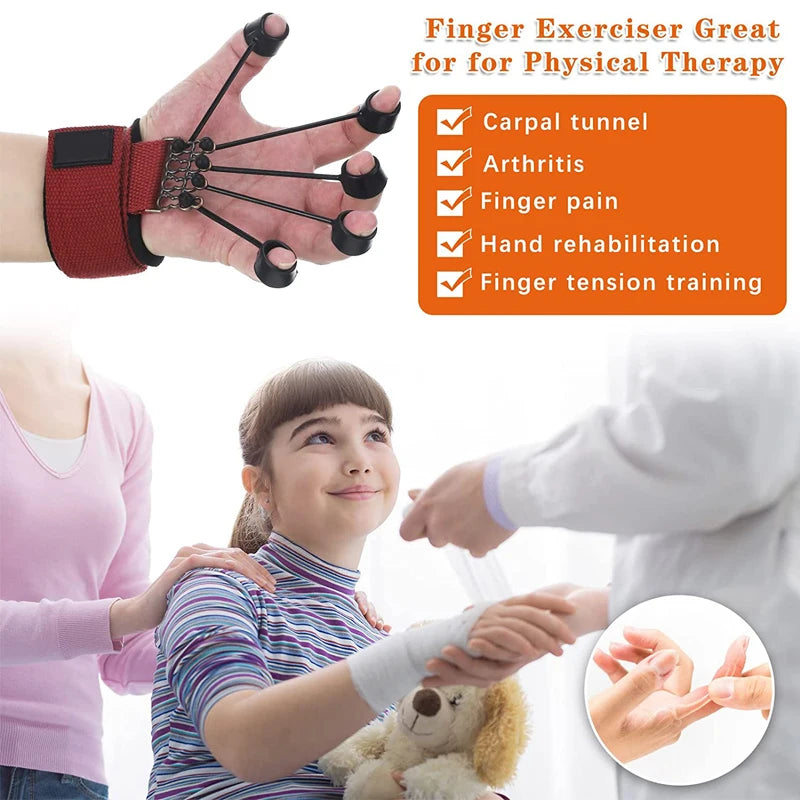 A young girl in a striped shirt uses the Forearm Grip Strengthener, with springs for hand training. An adult assists her. Text highlights its benefits for carpal tunnel, arthritis, and hand rehabilitation with this grip power trainer.
