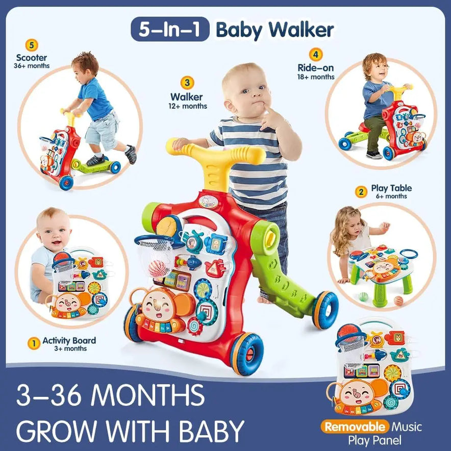 Infographic of the VATOS Baby Walker 5 in 1 Sit-to-Stand Learning Scooter, used as a scooter, walker, ride-on, table, and activity board for ages 3–36 months. Four kids use each feature; includes removable music panel. Unisex design.