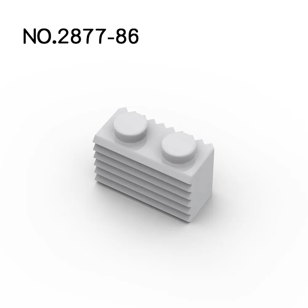A light grey, ribbed 1x2 rectangular building block (50 Pcs MOC Parts 2877 Brick Modified with Grille Fluted Profile), compatible with Lego, featuring two round studs on top on a plain white background.