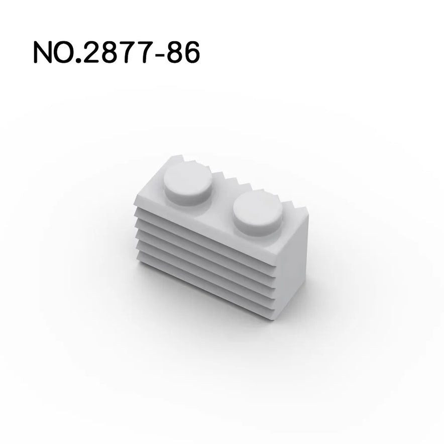 A light grey, ribbed 1x2 rectangular building block (50 Pcs MOC Parts 2877 Brick Modified with Grille Fluted Profile), compatible with Lego, featuring two round studs on top on a plain white background.