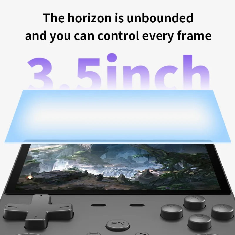 The L35 Retro Handheld Open Source Emulator with a 3.5-inch screen displays a landscape scene and the text: The horizon is unbounded and you can control every frame. Includes 10,000 classic games.