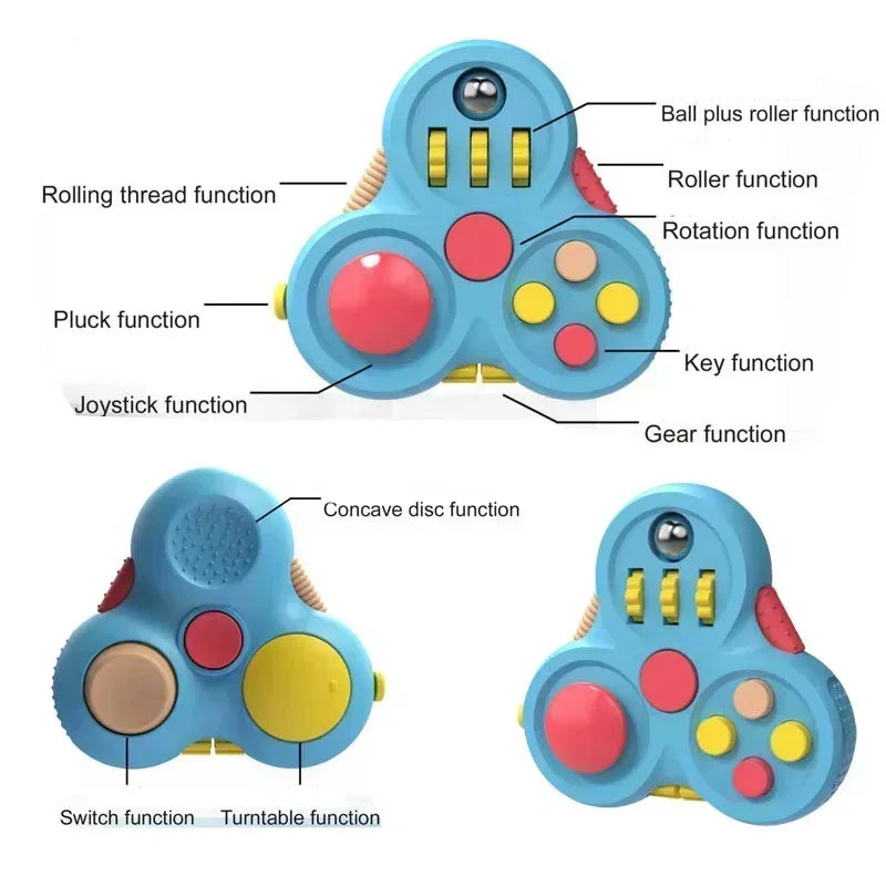 The Rotating Magic Bean Fidget Pad, made of durable ABS for ages 3-6, offers labeled interactive features like ball, roller, joystick, pluck, and switch—perfect for stress relief and engaging play.