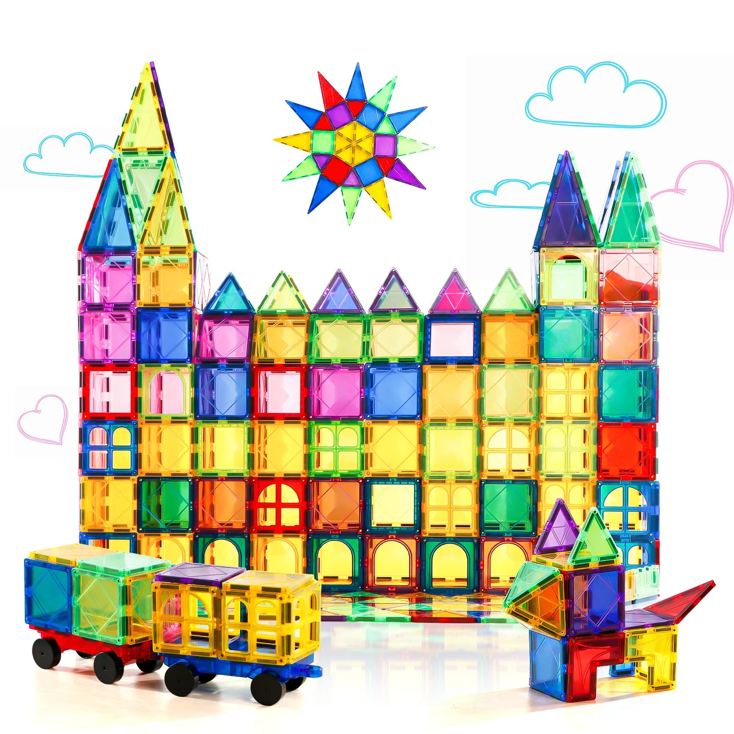 The Magnetic Building Blocks with Cars set is a vibrant 3D educational construction toy for kids ages 3-8, featuring a colorful castle with spires and shapes. A toy train and animal figure promote skill development, while cloud, star, and heart doodles add charm to the background.