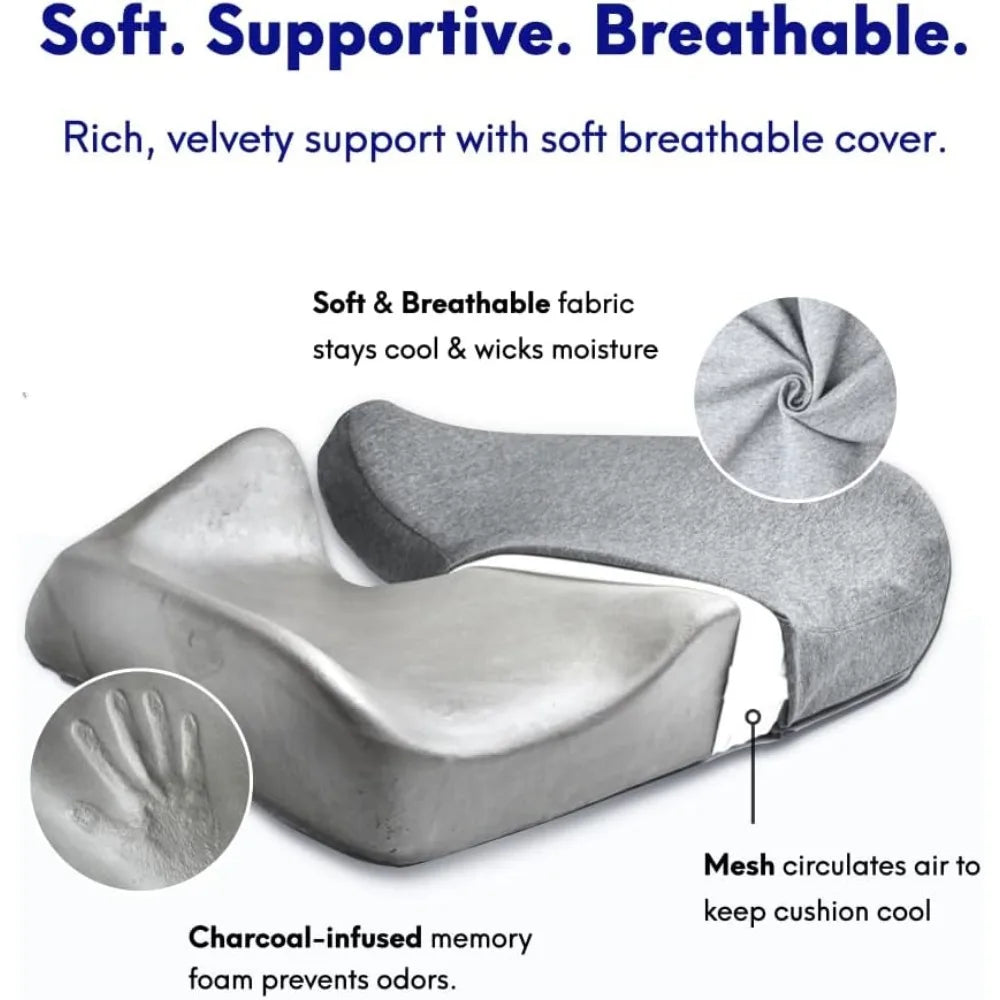 The Cushion Lab Patented Pressure Relief Seat Cushion offers support with a charcoal-infused ergonomic memory foam, breathable 100% cotton cover, and moisture-wicking mesh. Ideal for long sitting hours in office/home chairs, cars, or wheelchairs; it displays a hand impression for ultimate comfort.