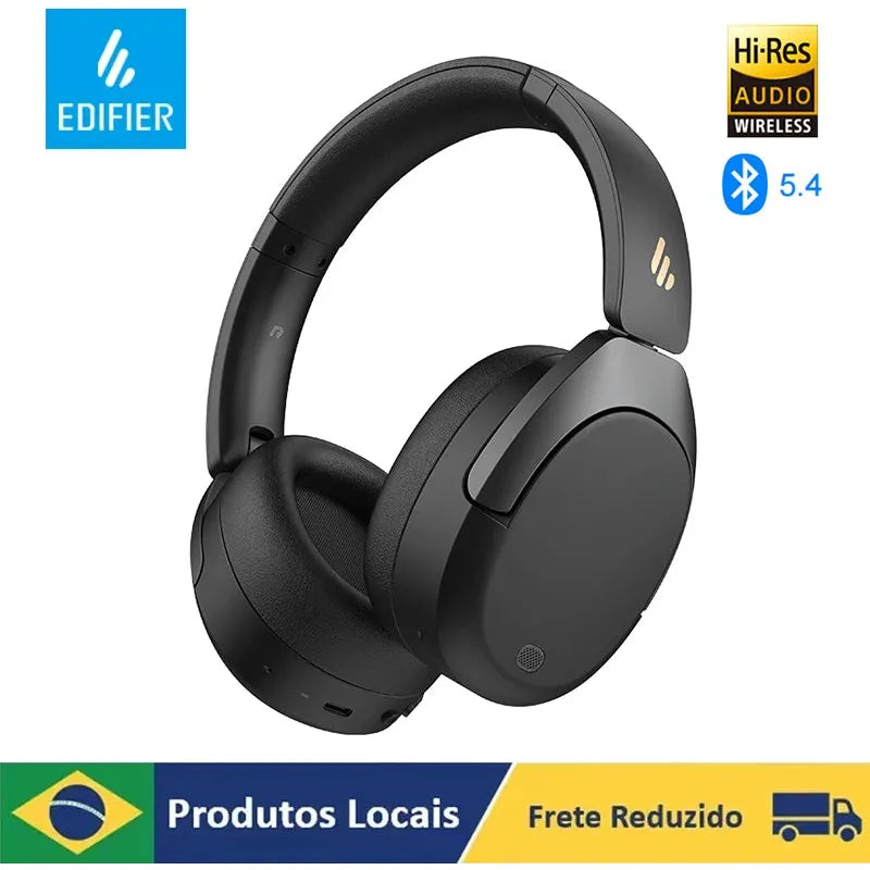 Display of Edifier W830NB black wireless headphones with Bluetooth 5.4, Active Noise Cancelling, and Hi-Res Audio against a white background. Features include -45dB ANC and 94-hour battery life. Brazilian flag signifies local availability with reduced shipping costs.