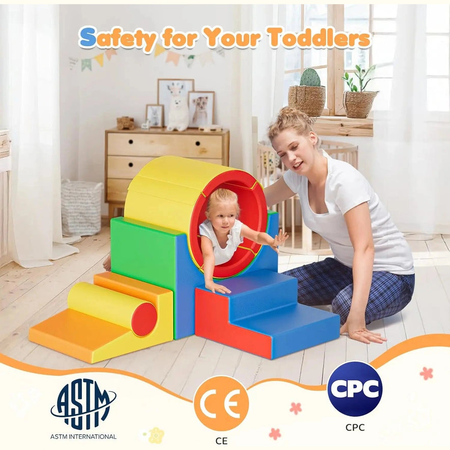 A woman smiles as a toddler crawls through the Foam Climbing Blocks for Toddlers 1-3, a 5-piece soft play set with tunnel. The cozy, bright room scene highlights perceptivity development and features safety certification logos at the bottom.