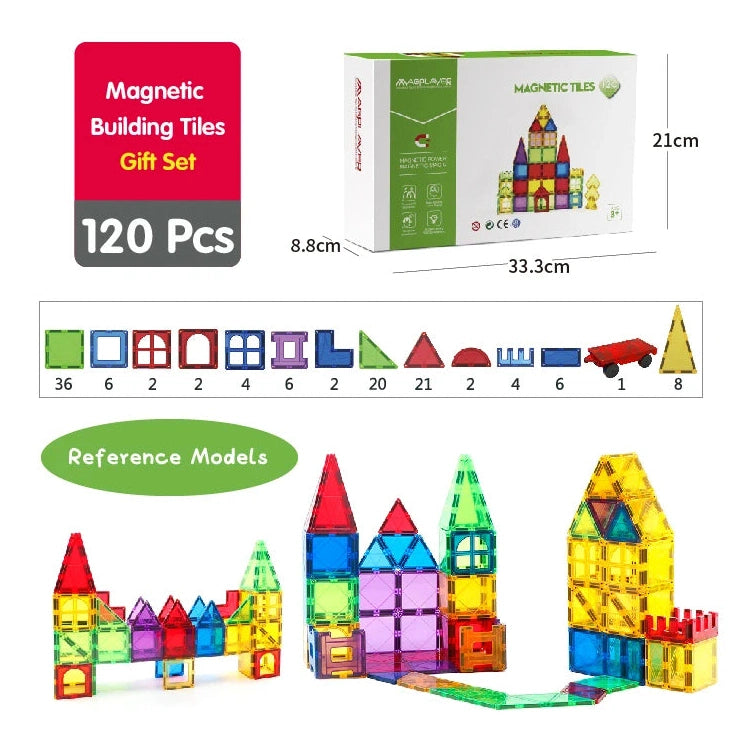 Displayed is a box of 120 Magnetic Building Blocks with Cars, featuring various shapes and measurements. Below are examples of colorful models built with the tiles, designed to enhance fine motor skills as an educational sensory toy for kids ages 3-8.