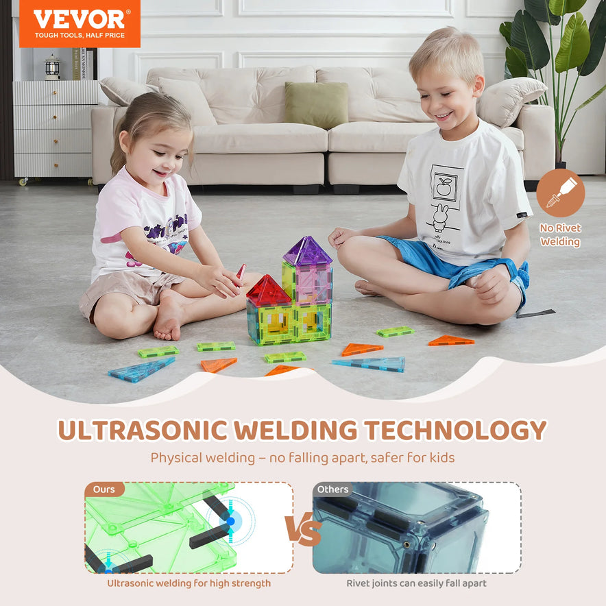 Two children play on a carpet with the VEVOR 32PCS Colorful Magnetic Building Tiles Set, a STEM educational stacking toy for kids using safe ultrasonic welding technology for strength and durability, similar to rivet joints, enhancing imaginative play and learning.