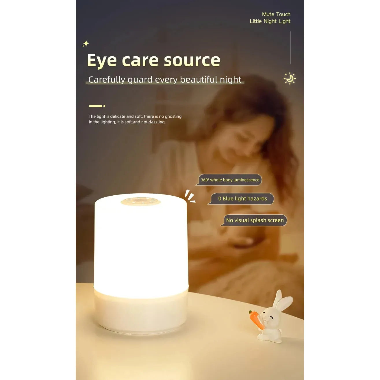A woman smiles softly in the background, with a Rechargeable Dimmable Touch LED Night Light and a rabbit figurine featuring a carrot in the foreground. The text highlights features like eye care, soft lighting, and USB rechargeable convenience.