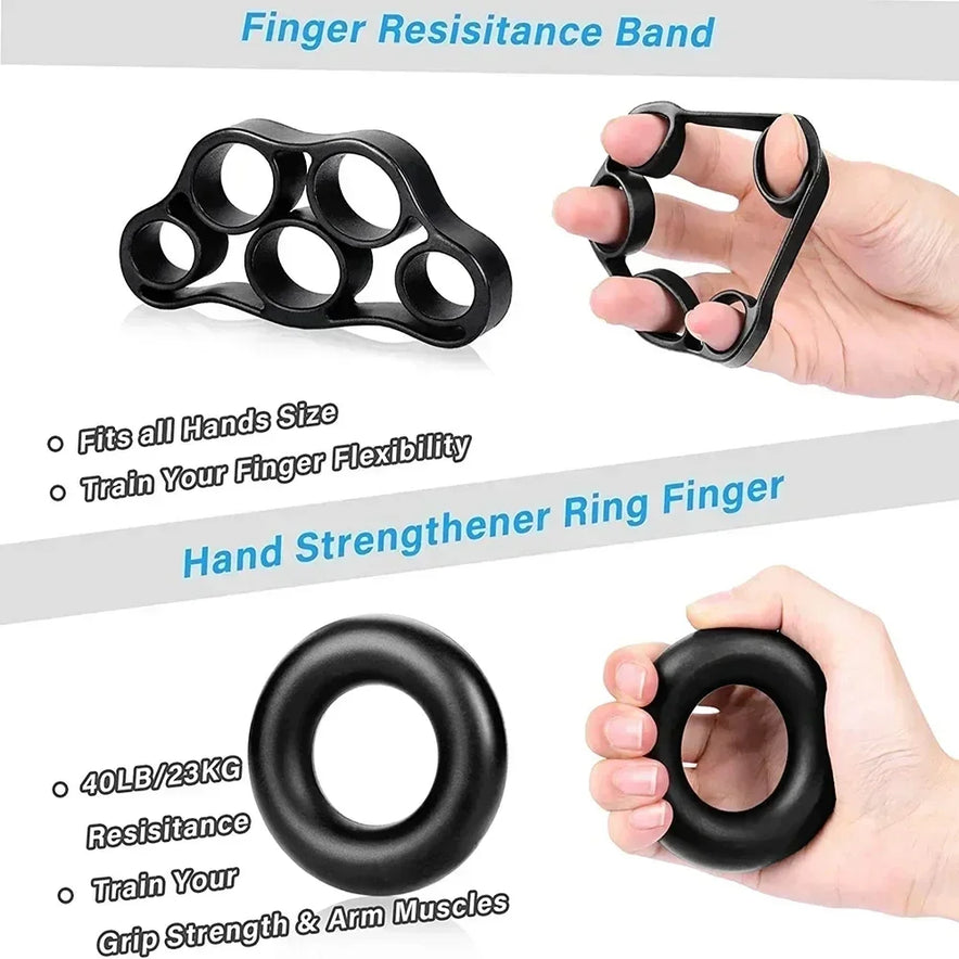 Image showcasing the Hand Gripper for Muscle Development and Fitness Workouts: Black finger resistance bands enhance flexibility, essential for strength training, while a hand squeezes a grip strengthener ring offering 40LB/23KG adjustable resistance to boost arm power.