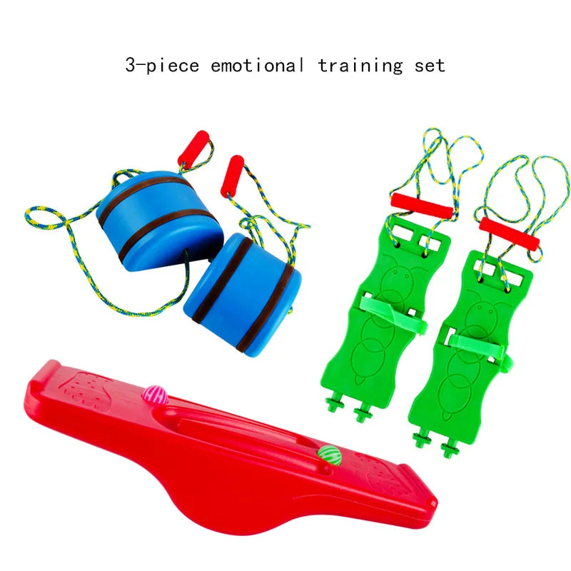 Explore endless fun with the Interactive Outdoor Balance Board Seesaw for Kids. This 3-piece set includes two blue balancing blocks, two green strap-on stilts, and a vibrant red sensory balance board, perfect for emotional and fitness development.