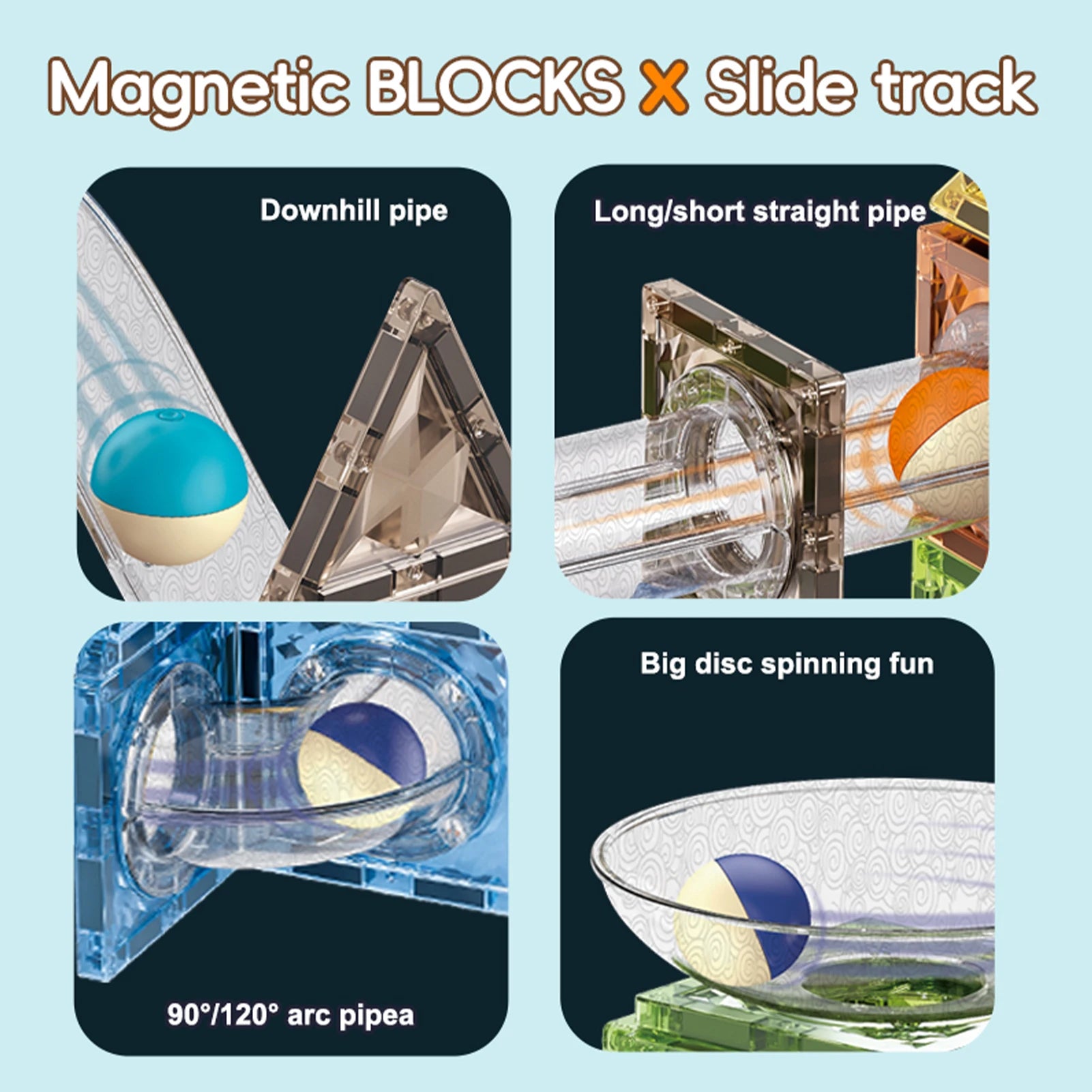 The image features the Magnetic Marble Run Building Blocks Set, highlighting four track elements: a Downhill pipe with a blue ball, Long/short straight pipe with an orange ball, 90°/120° arc pipes holding blue and yellow balls, and the interactive Big disc spinning fun, ideal for STEM learning.