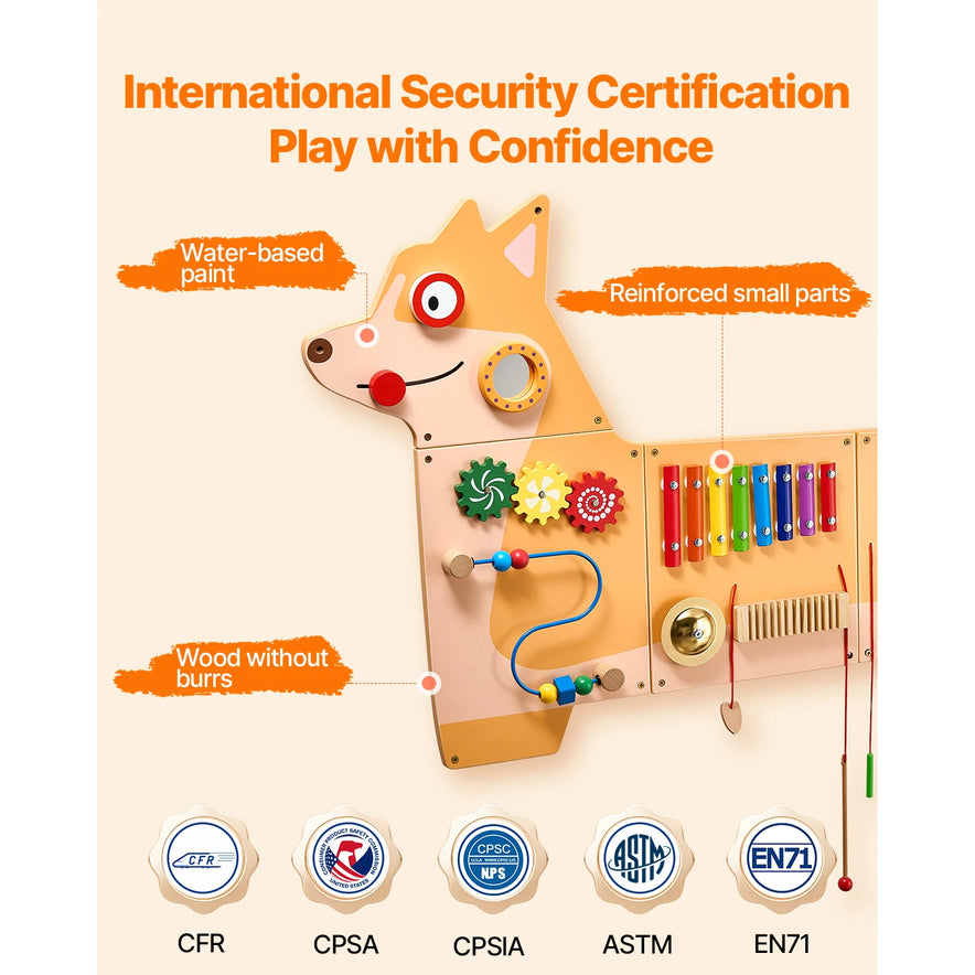 Illustration of Vevor Puppy Kids Wall Busy Panel—a dog-shaped wooden sensory activity center with 12 engaging activities, water-based paint, secure small parts, smooth wood; ideal for Montessori motor skill learning. CFR, CPSA, CPSIA, ASTM, EN71 certified.