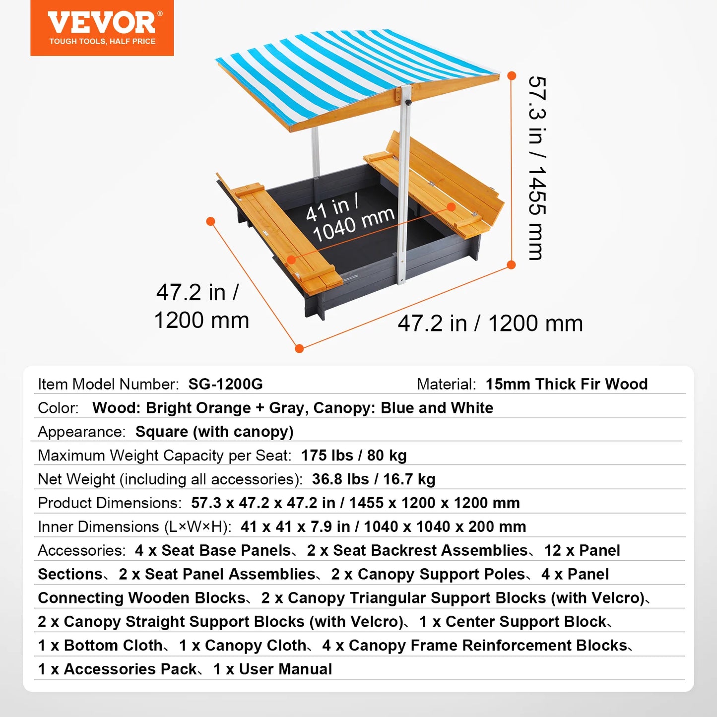 A SucceBuy Sandbox with a square roof provides shade for this sand pit, which features 4 corner seats and a bottom liner. Dimensions and product details are displayed beside and below the image.