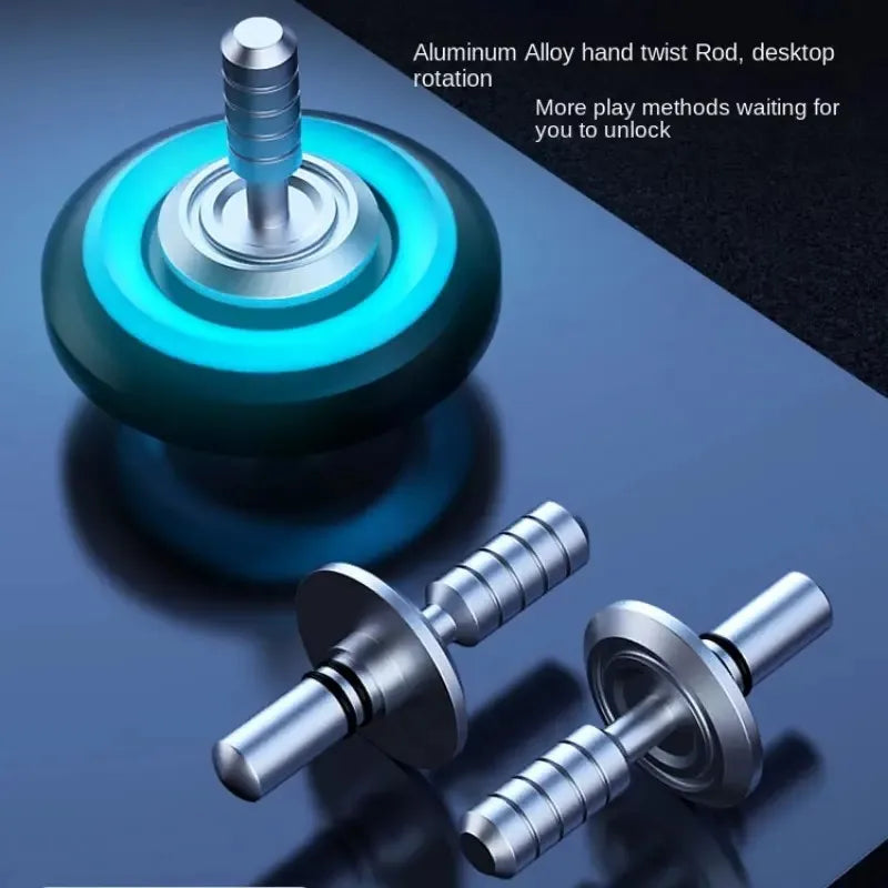Three metallic Fidget Spinners for Adults and Kids Stress Relief Anxiety ADHD Toy Metal EDC Hand Spinner with Luminous Light are shown on a reflective surface, glowing blue, made of aluminum alloy for smooth rotation.