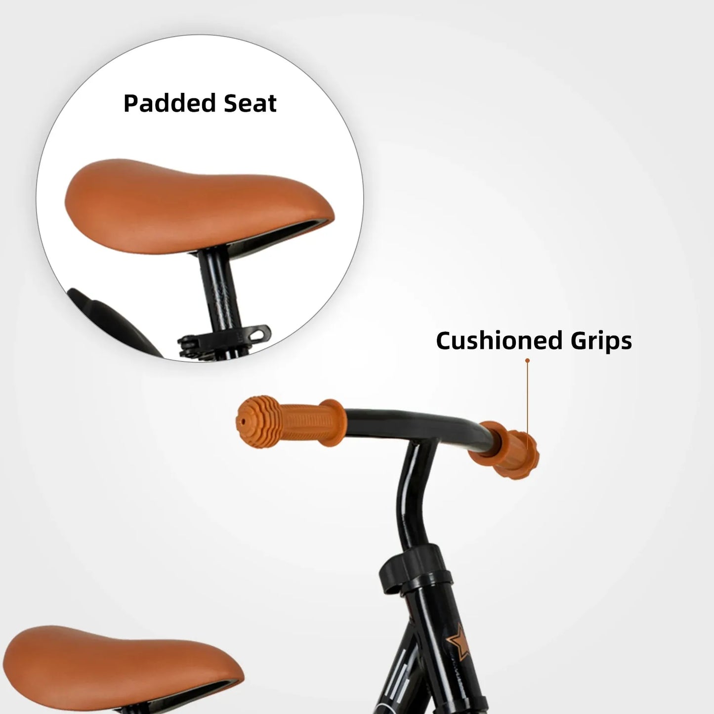 Close-up of the JOYSTAR Kids Balance Bike, highlighting its brown padded seat and cushioned grips against a plain white background. Suitable for ages 18 months to 5 years, this lightweight push bike features an adjustable seat and footrest.
