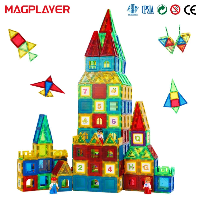 The Magplayer Magnetic Building Blocks set, featuring numbers and shapes, can be assembled into a colorful Montessori-inspired castle. The structure includes two small toy figures and floating geometric shapes with the Magplayer logo displayed in red.