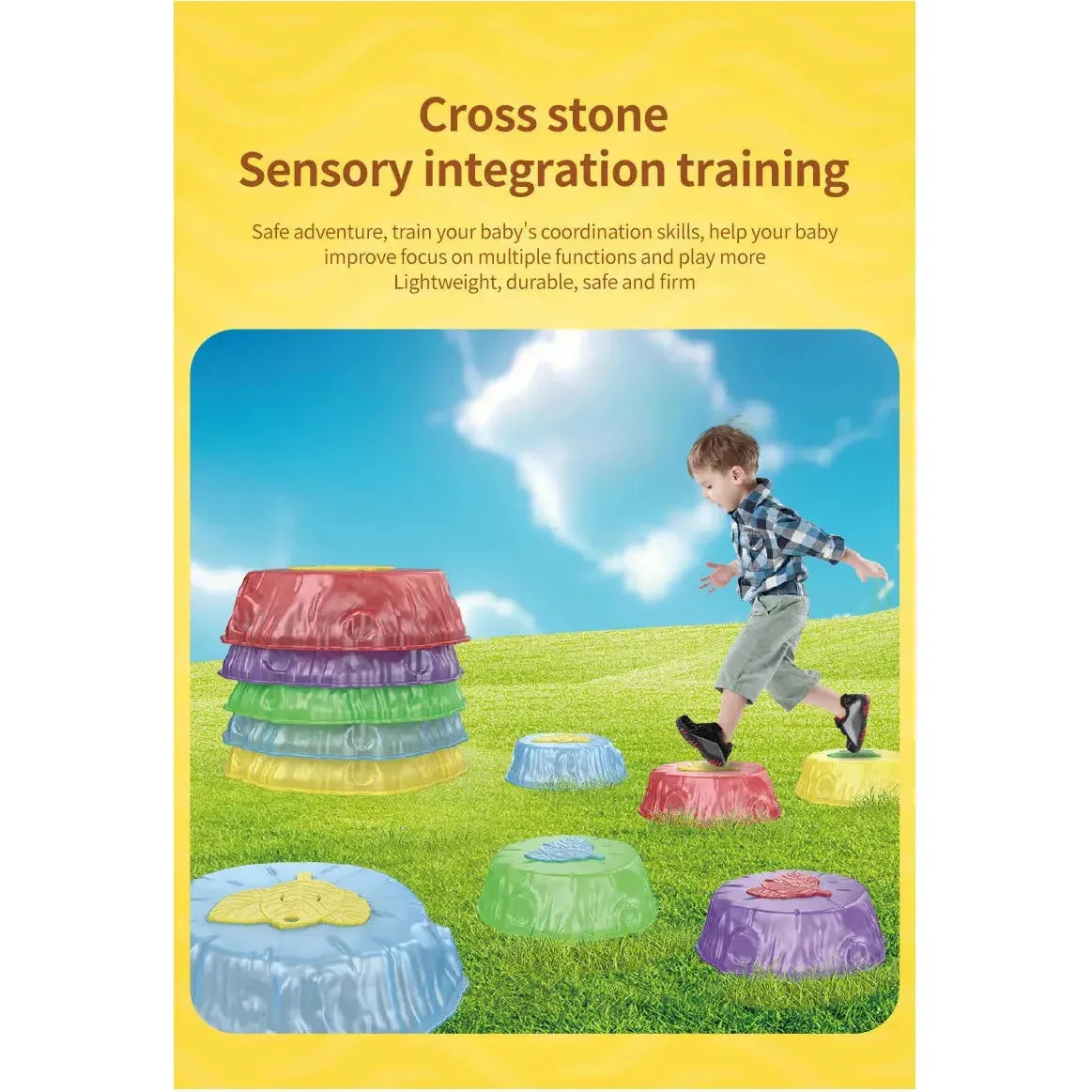 A child steps on Rainbow Luminous Balance Stones for Kids, vibrant and textured, on the grass under a blue sky. The headline reads, Sensory integration training, emphasizing coordination and balance benefits through outdoor tactile play.