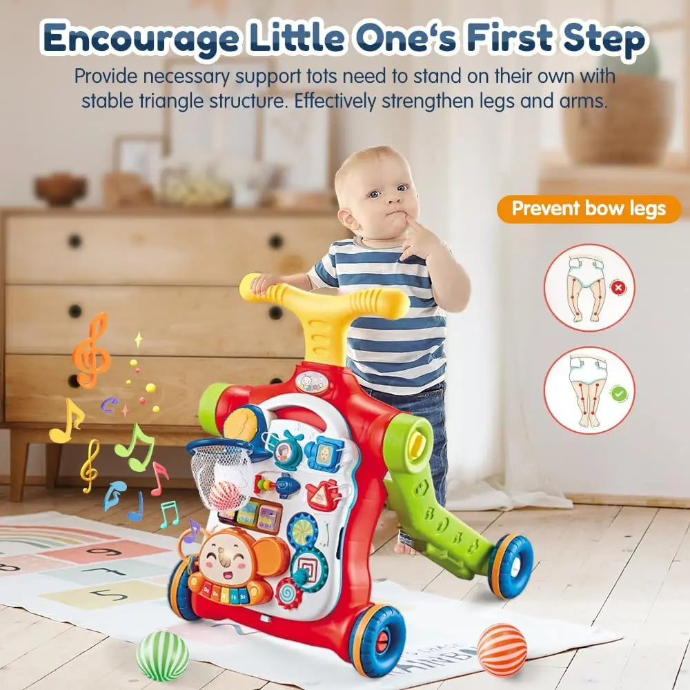 A baby stands behind the VATOS Baby Walker 5 in 1 Sit-to-Stand Learning Scooter, featuring toys and music to encourage first steps and help prevent bow legs, set in a nursery room background.