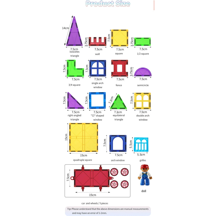 An image features Magnetic Building Blocks with Cars - 3D Clear Educational Construction Set for Kids Ages 3-8, highlighting shapes like triangles, walls, squares, semicircles, arches, windows, fences, wheels; each piece measured in cm to boost fine motor skills. A toy doll is included.