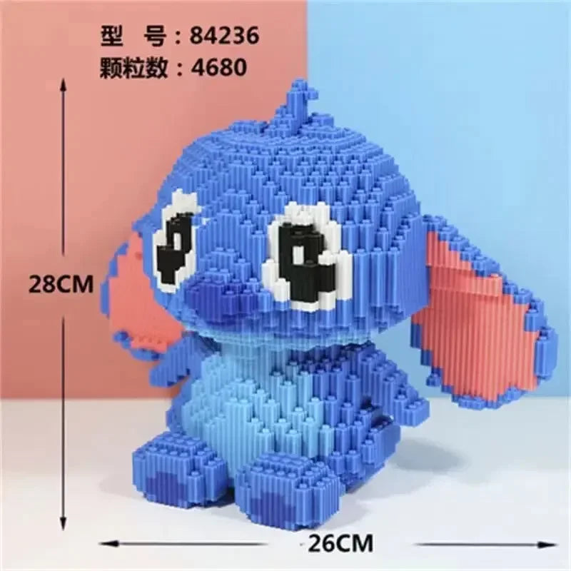 A blue Large Stitch Building Block Assembly Toy (Color B), a 3D puzzle and childrens DIY toy, sits on a surface with large eyes, pink inner ears, and measures 30cm tall. Chinese text and product codes are visible in the image.
