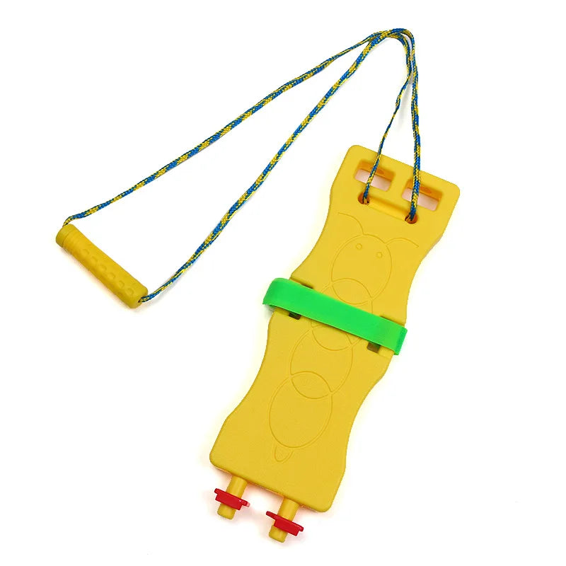 The Interactive Outdoor Balance Board Seesaw for Kids is a vibrant hand exerciser with a yellow design, green grip, and two red knobs. It includes a colorful braided rope and yellow handle, perfect for outdoor play and sensory training to enhance grip strength and finger dexterity.