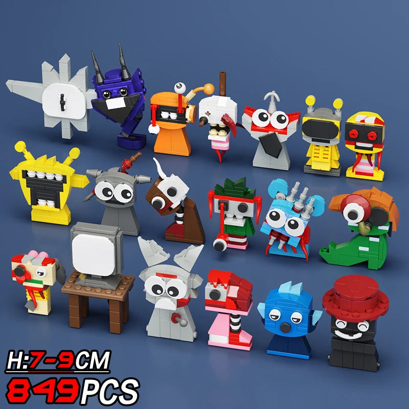 A set of quirky robot and animal figures built from 849 interlocking pieces is displayed on a blue surface. The New Moc Incredibox Sprunki Building Blocks Set makes a great horror anime music game toy gift for birthdays or Christmas.